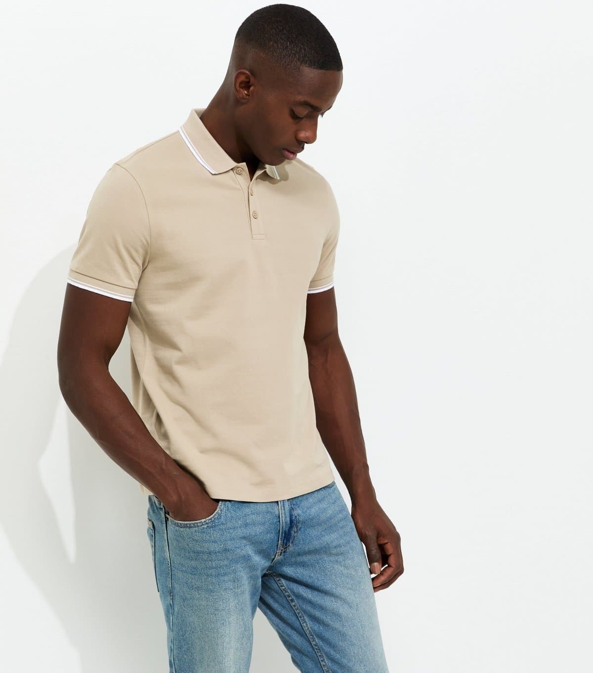 New Look Men's Tan Regular Pique Tipped Collar Polo Shirt New Look