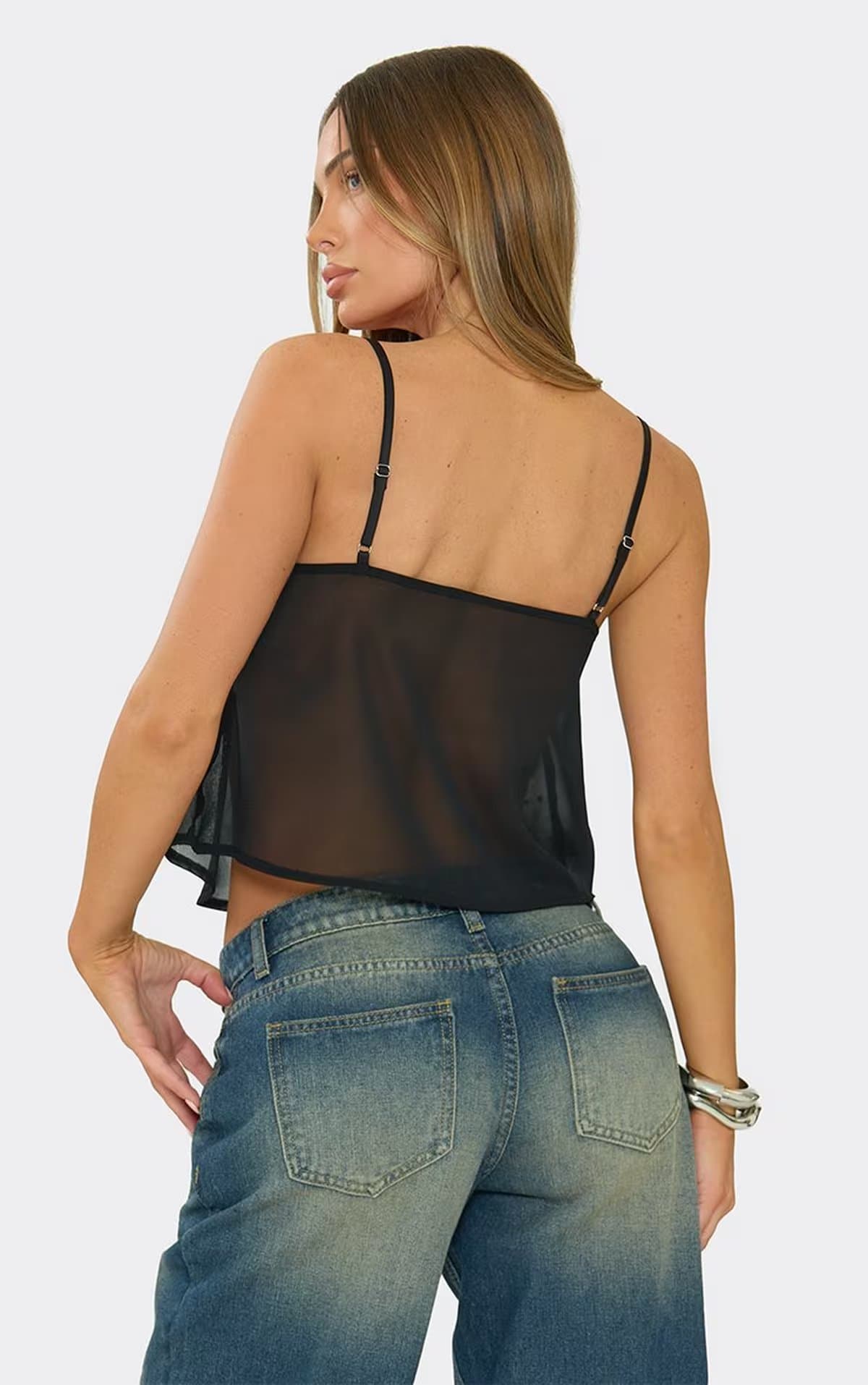 EGO EGO Black Mesh Strappy Embellished Detail Top