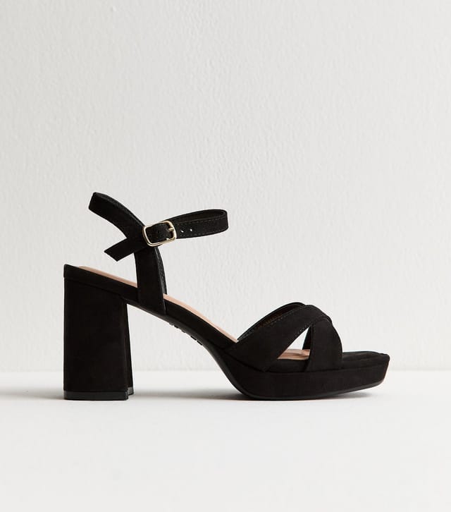 New Look Women's Black Faux Suede Cross Strap Heel Sandals Vegan New Look - 2