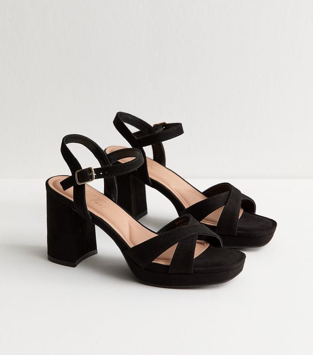 New Look Women's Black Faux Suede Cross Strap Heel Sandals Vegan New Look - 3