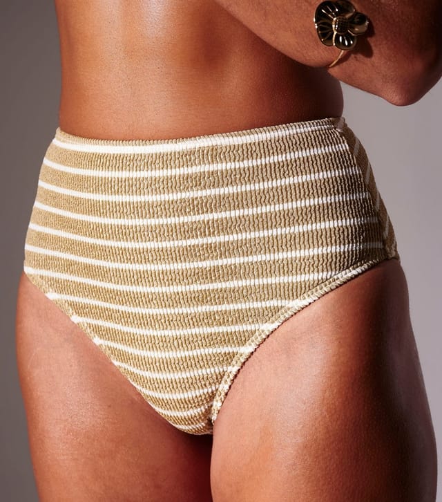 South Beach Women's Gold Metallic Striped Tummy Control High Waist Bikini Bottoms South Beach New Look - 2