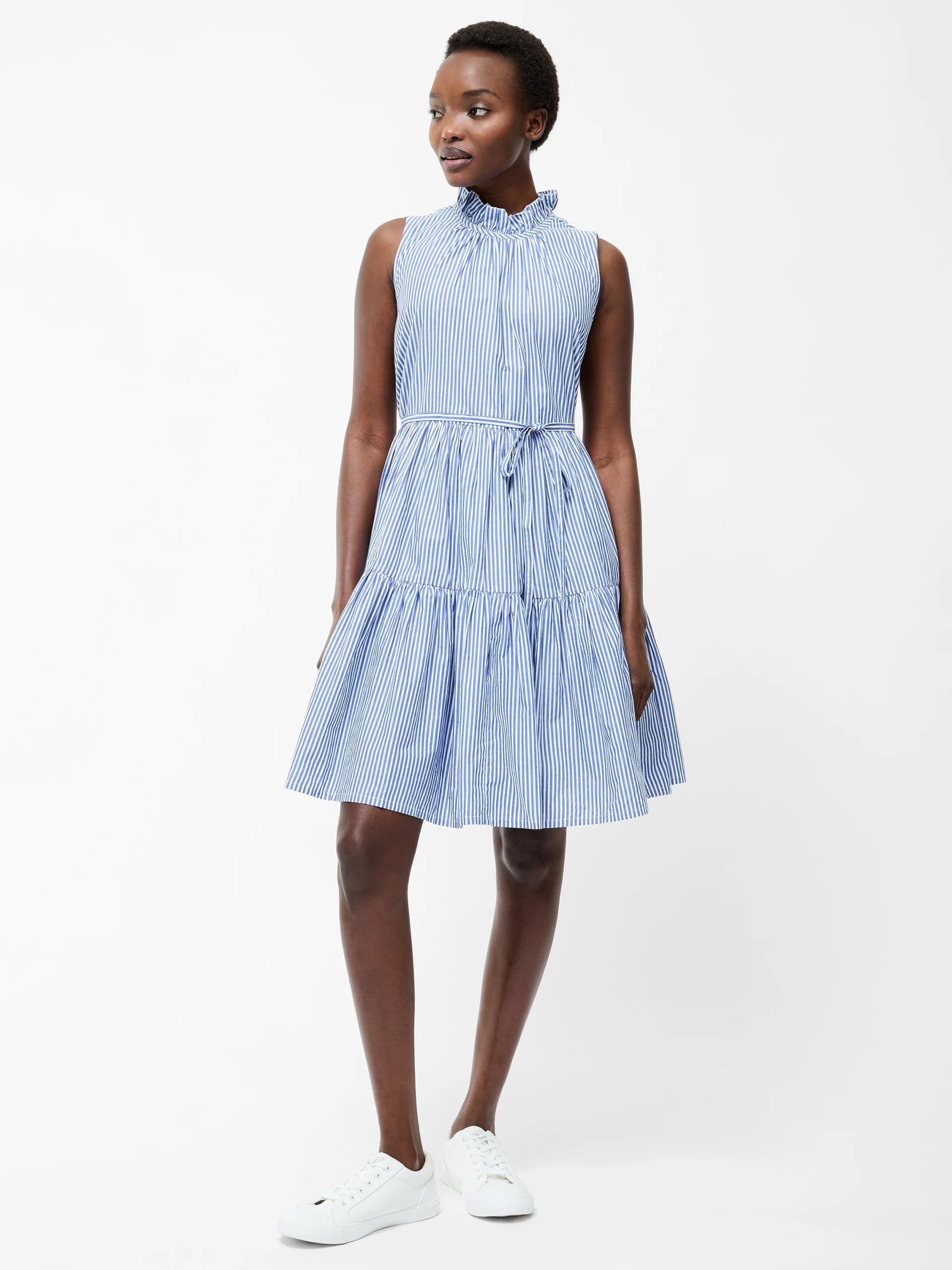 French Connection Tiered Striped Poplin Dress Blue/White