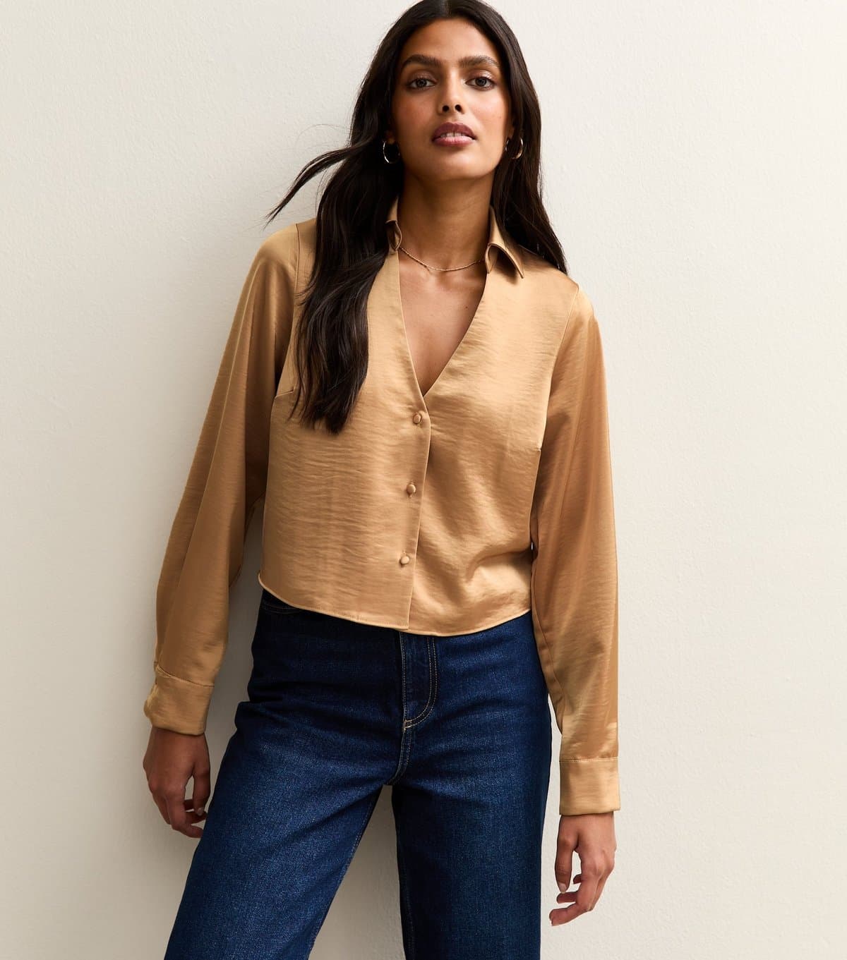 New Look New Look Camel Satin Crop Shirt