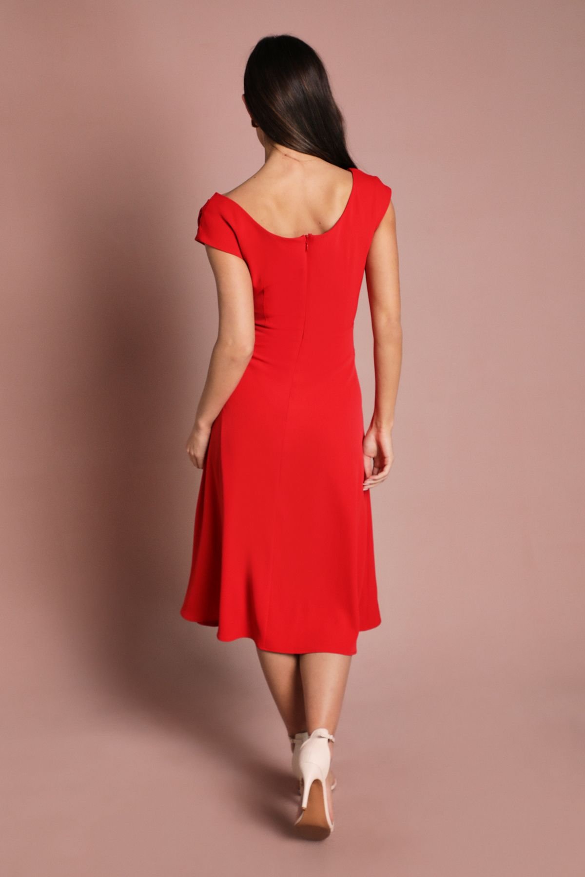 Coast Coast Women's Off The Shoulder Asymmetric Lightweight Crepe Midi Dress in Flame Red - 3