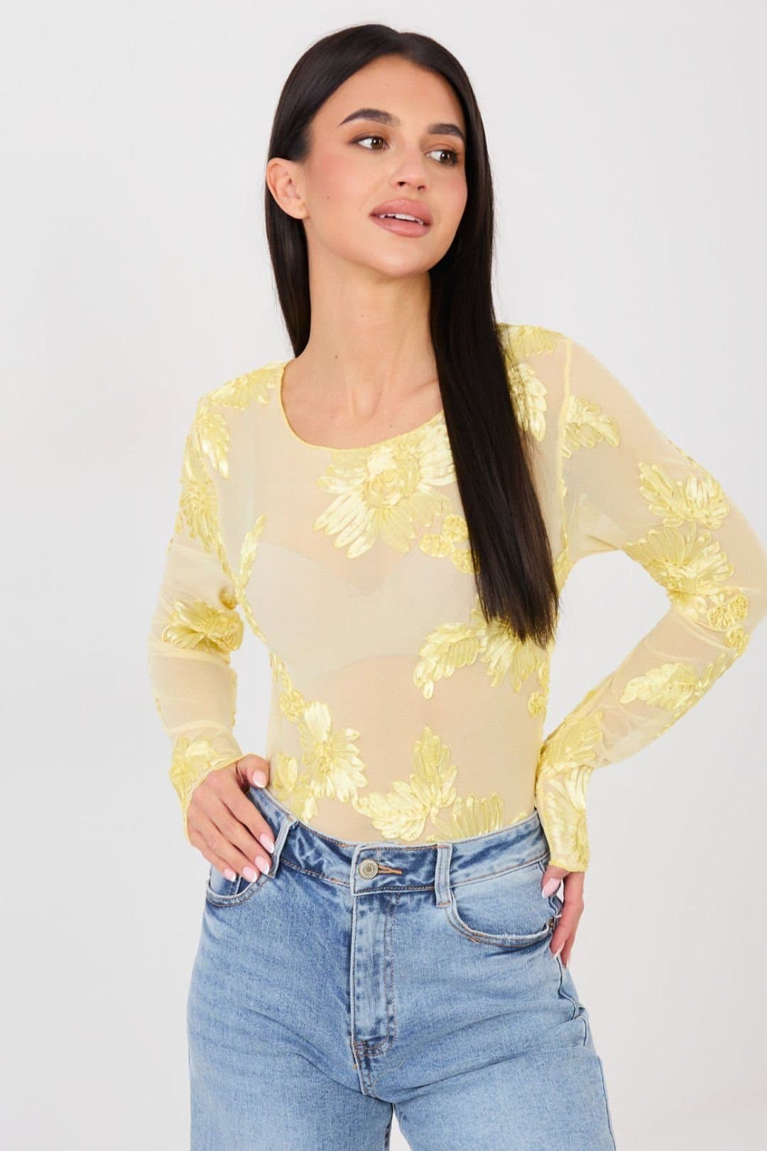 Love Lace Love Lace Yellow Embroidered Mesh Fitted Blouse