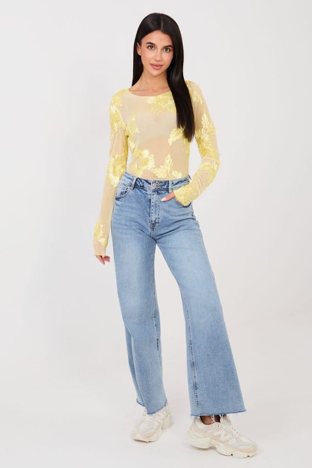 Love Lace Love Lace Women's Elegant Embroidered Mesh Fitted Blouse in Yellow - 2