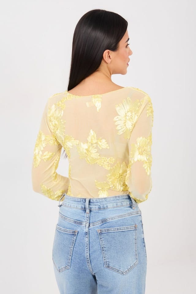 Love Lace Love Lace Women's Elegant Embroidered Mesh Fitted Blouse in Yellow - 3