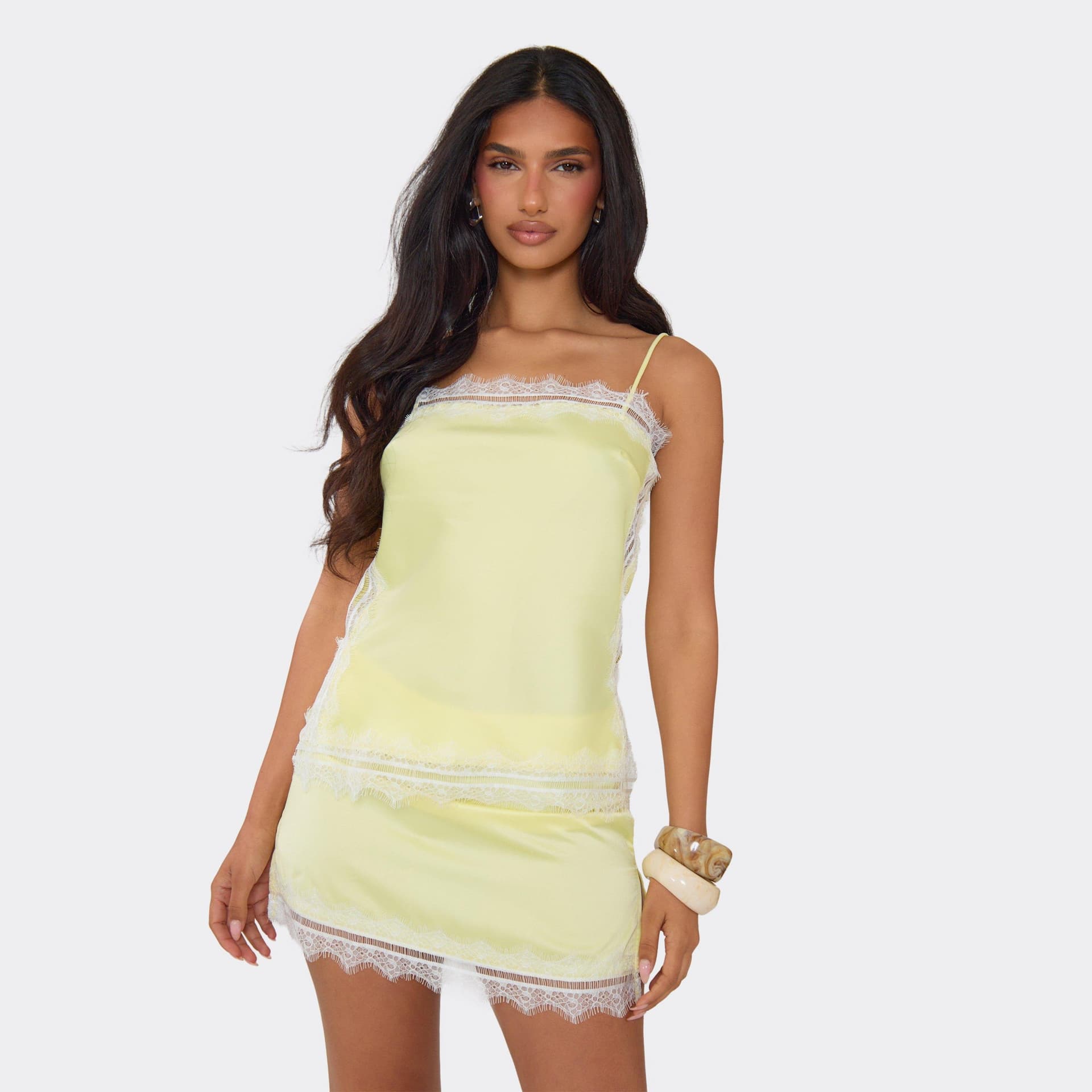 EGO EGO Yellow Satin Strappy Lace Trim Top