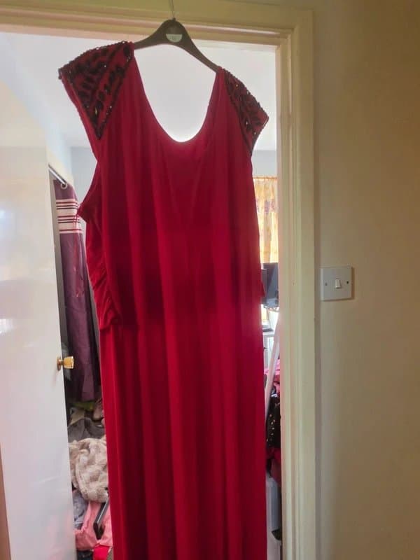 Joanna Hope Red Evening Maxi Dress with Black Beaded Shoulders - Size 28