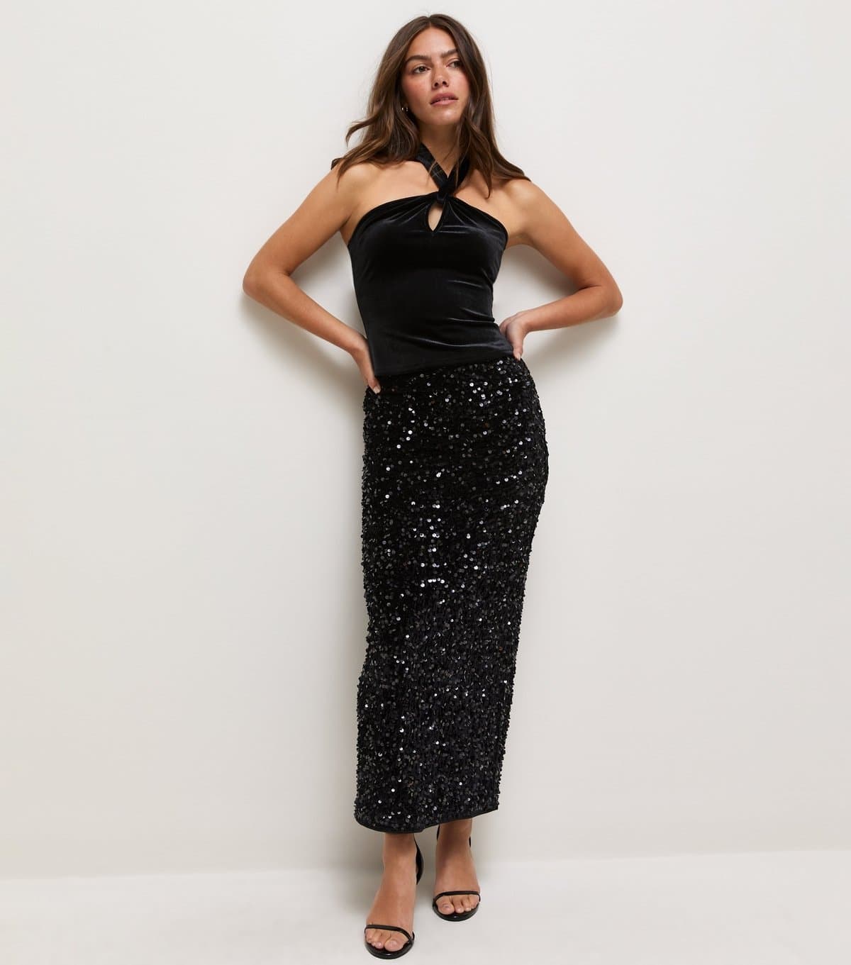 New Look Women's Petite Black Velvet Sequin Midi Pencil Skirt New Look