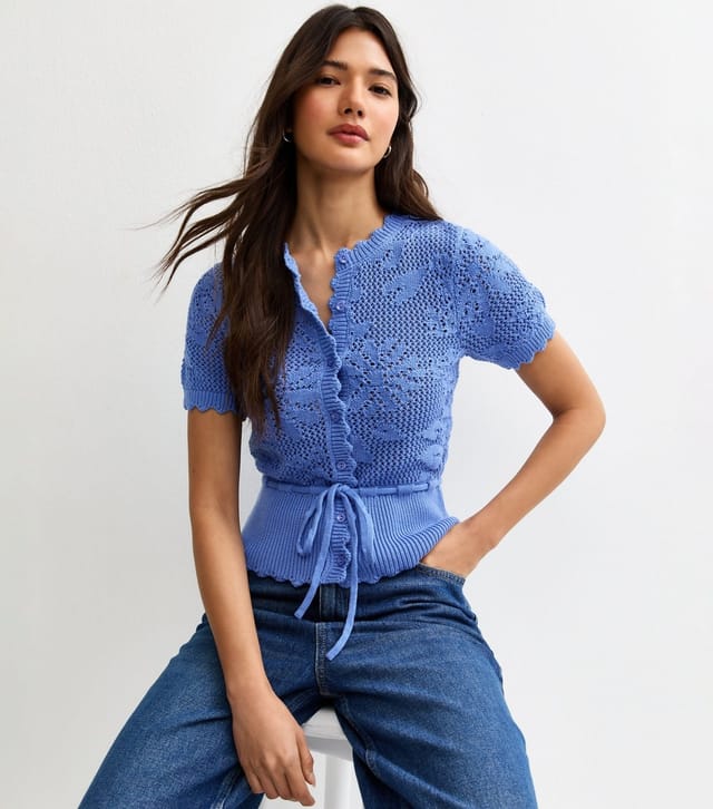 New Look Women's Blue Cotton Rich Tie Waist Floral Knit Short Sleeve Cardigan Top New Look - 2