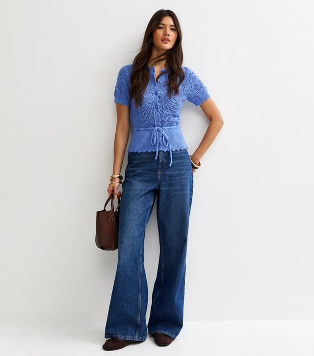 New Look Women's Blue Cotton Rich Tie Waist Floral Knit Short Sleeve Cardigan Top New Look - 3