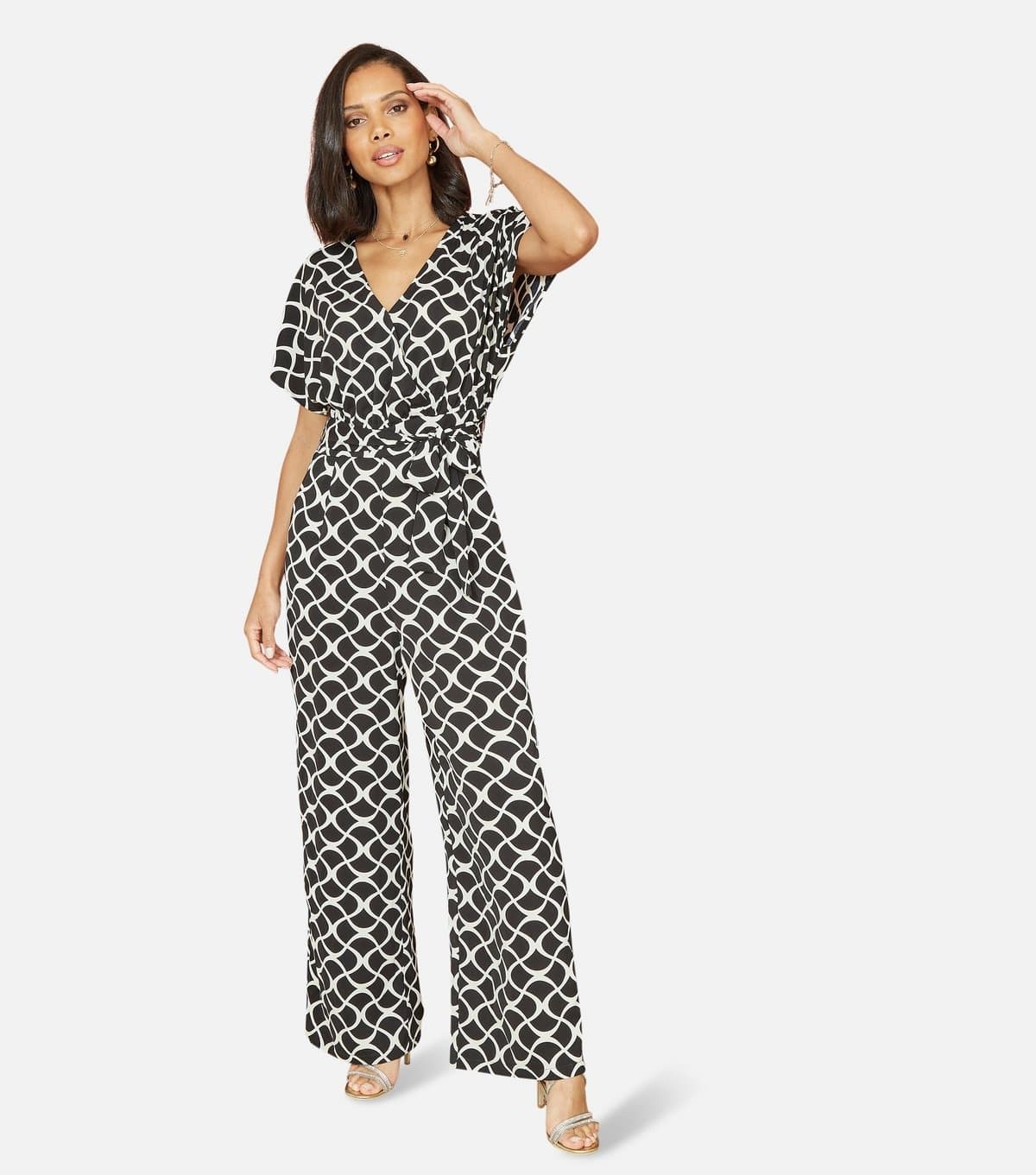 Yumi Women's Black Geometric Print Wrap Jumpsuit Yumi New Look