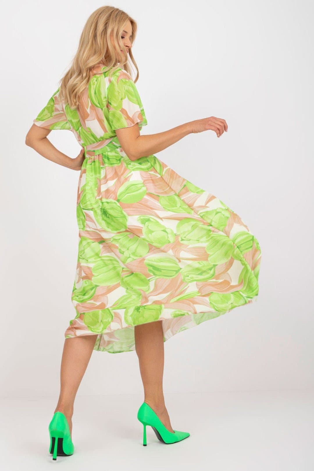 Love Lace Love Lace Women's Belted Summer Dress with Frilled Sleeves in Green