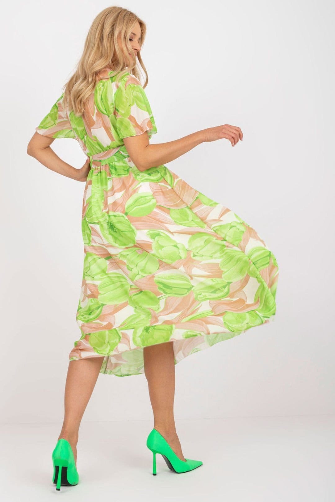 Love Lace Green Floral Print Summer Dress with Frilled Sleeves