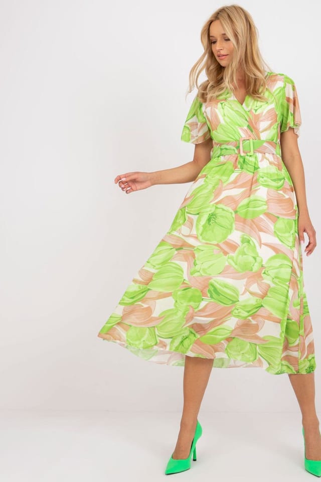 Love Lace Love Lace Women's Belted Summer Dress with Frilled Sleeves in Green - 3