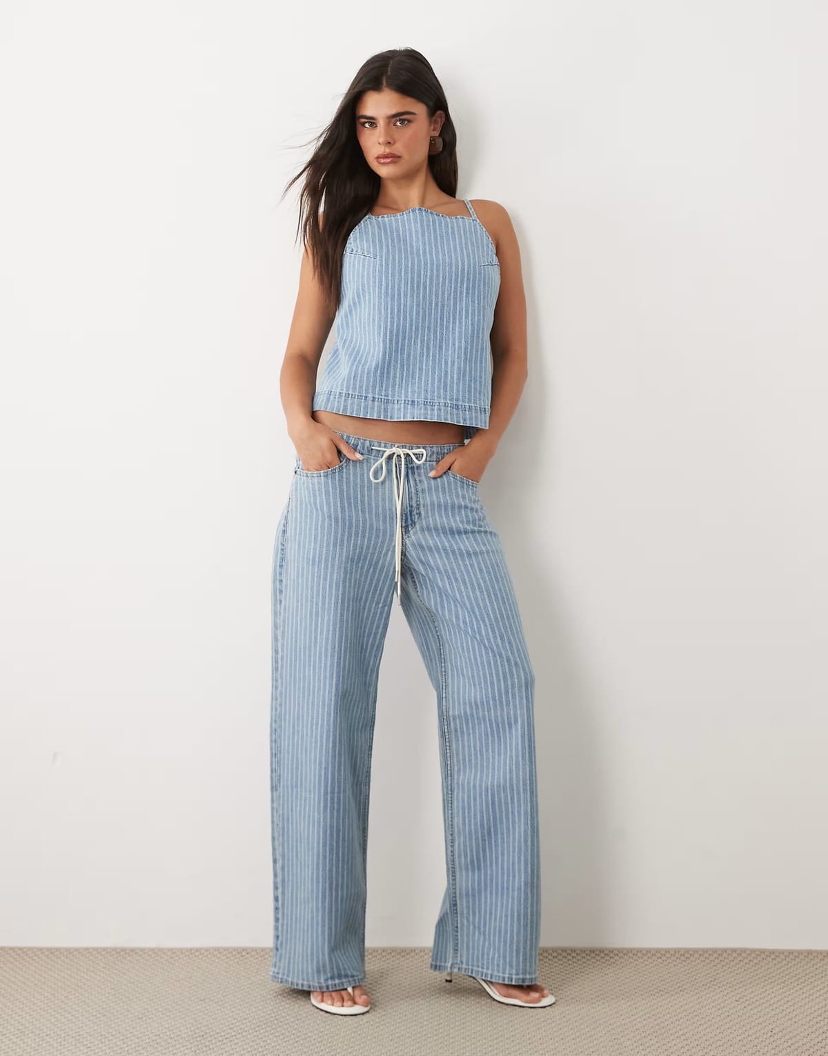 ASOS Abercrombie & Fitch lighweight denim wide leg tie up jeans co-ord in blue pinstripe - 1