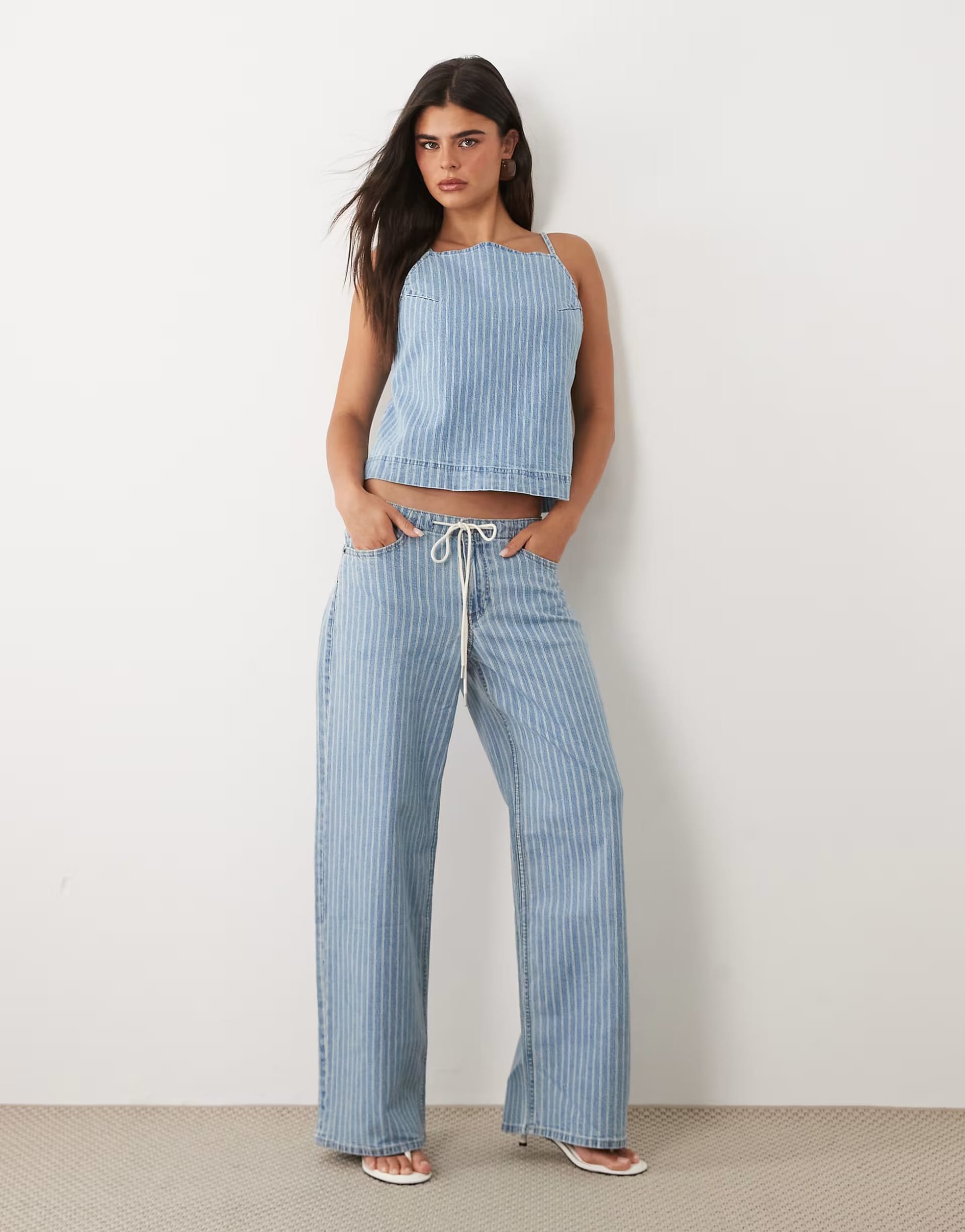 ASOS Blue Pinstripe Denim Wide Leg Tie-Up Jeans Co-Ord