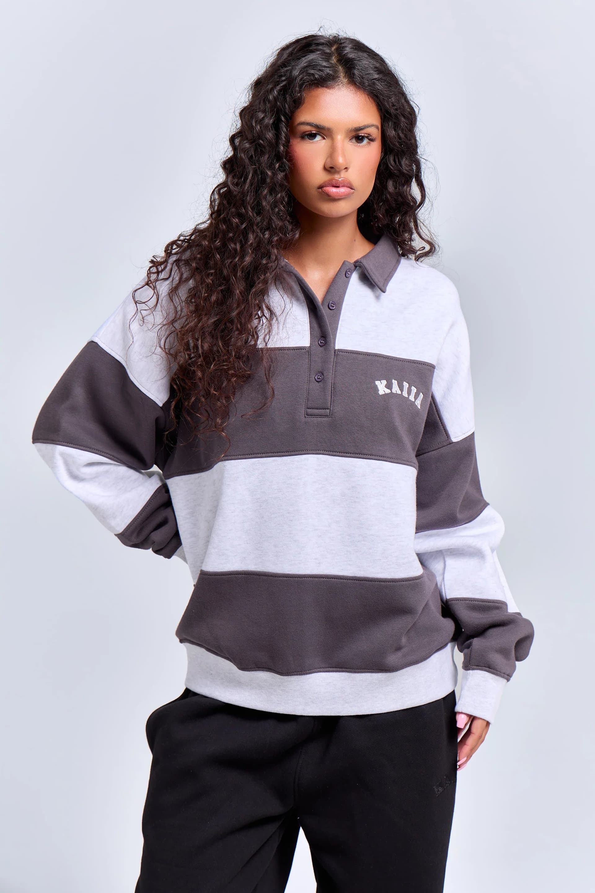 Kaiia Kaiia Striped Oversized Rugby Sweatshirt Light Grey Marl & Dark Grey