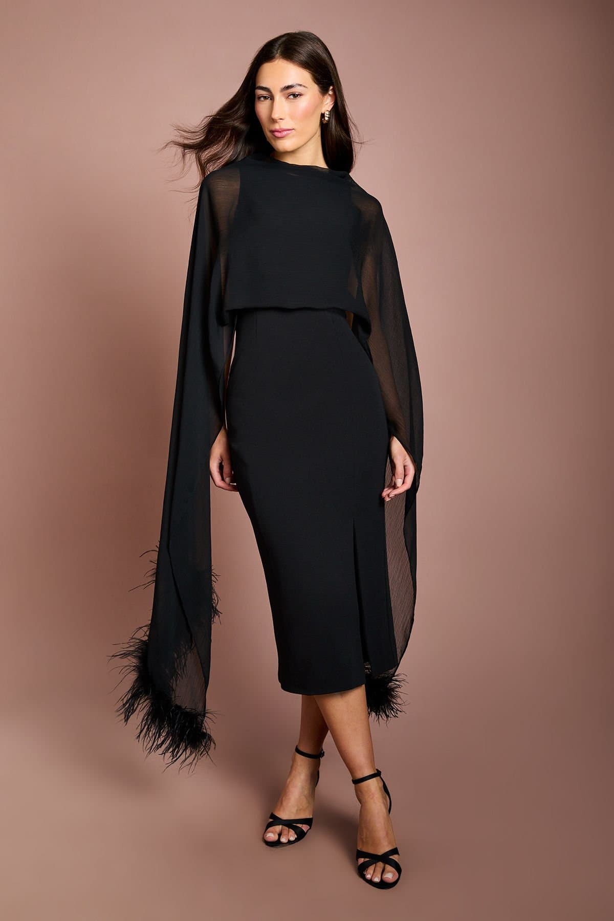 Coast Coast Women's Chiffon Feather Scarf Stretch Crepe Midi Dress in Black