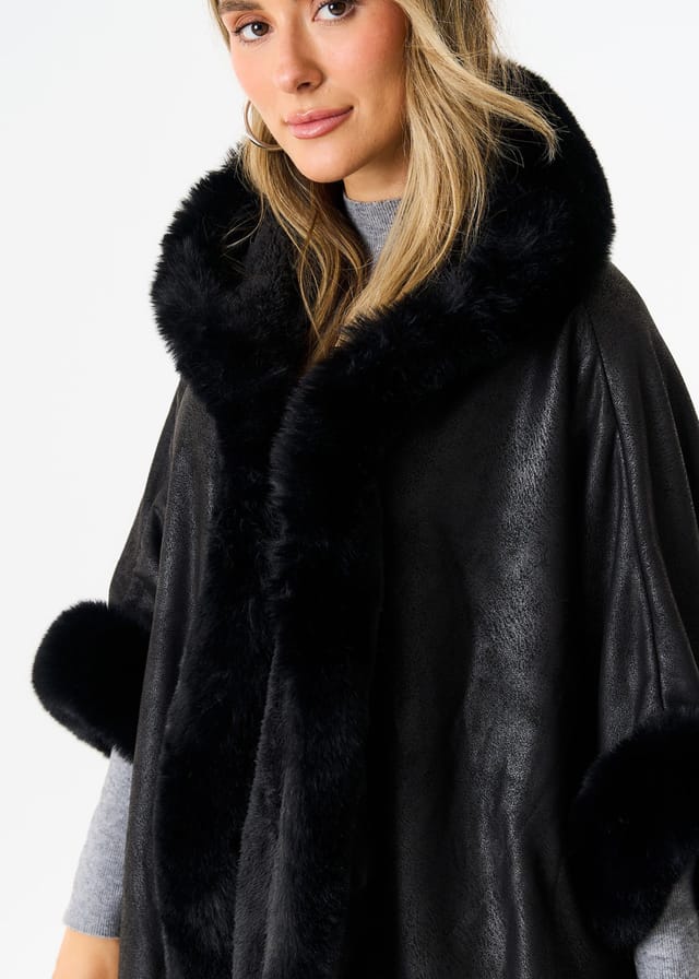 Gini London Gini London Women's Black Faux Fur Trim Poncho Cape - 2