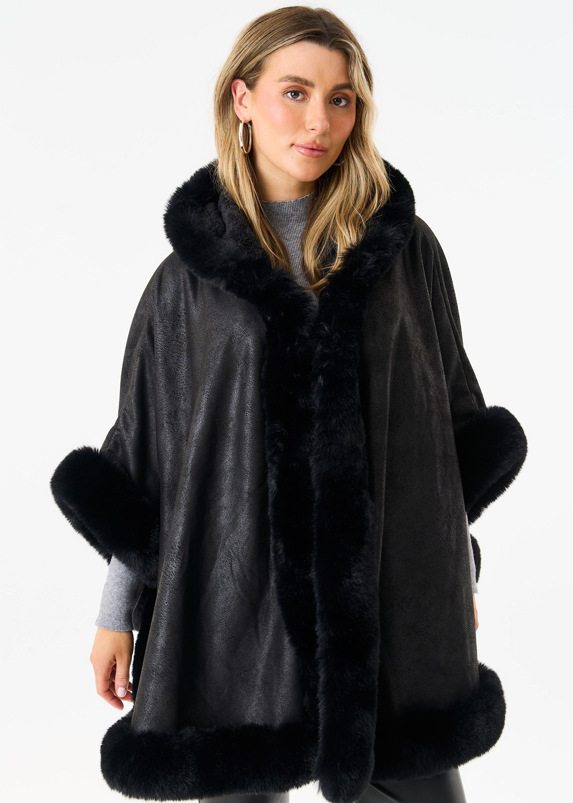 Gini London Gini London Women's Black Faux Fur Trim Poncho Cape - 3