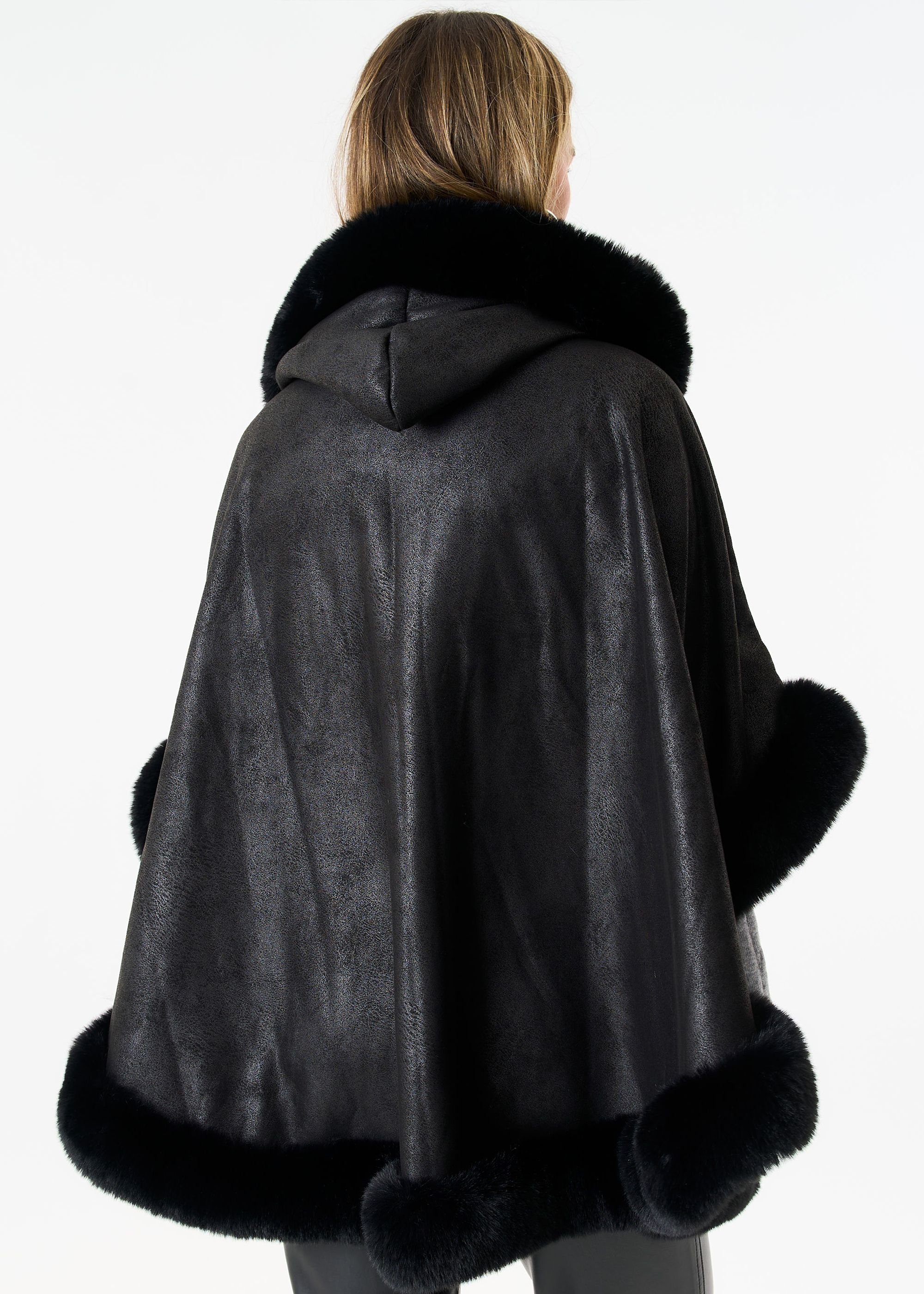 Gini London Gini London Women's Black Faux Fur Trim Poncho Cape - 4
