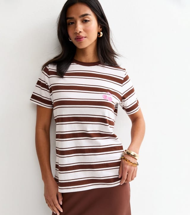 New Look Women's Petite Brown Cotton Striped Embroidered Cherry T-Shirt New Look - 2
