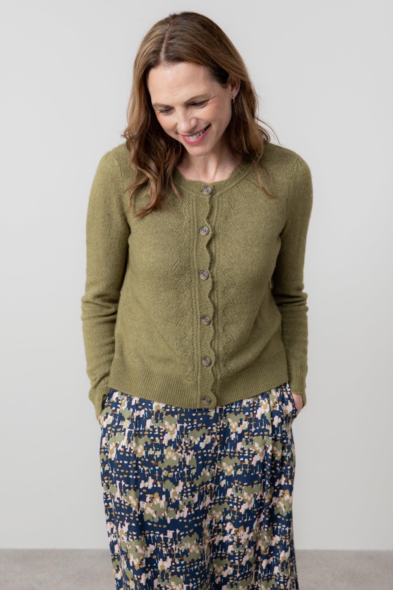 Lily & Me Lily & Me Women's Layla Scalloped Neck Blended yarn Pointelle Knit Cardigan in Green - 2