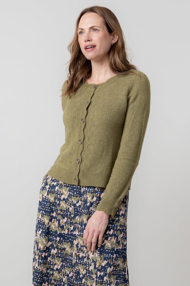 Lily & Me Lily & Me Women's Layla Scalloped Neck Blended yarn Pointelle Knit Cardigan in Green - 3