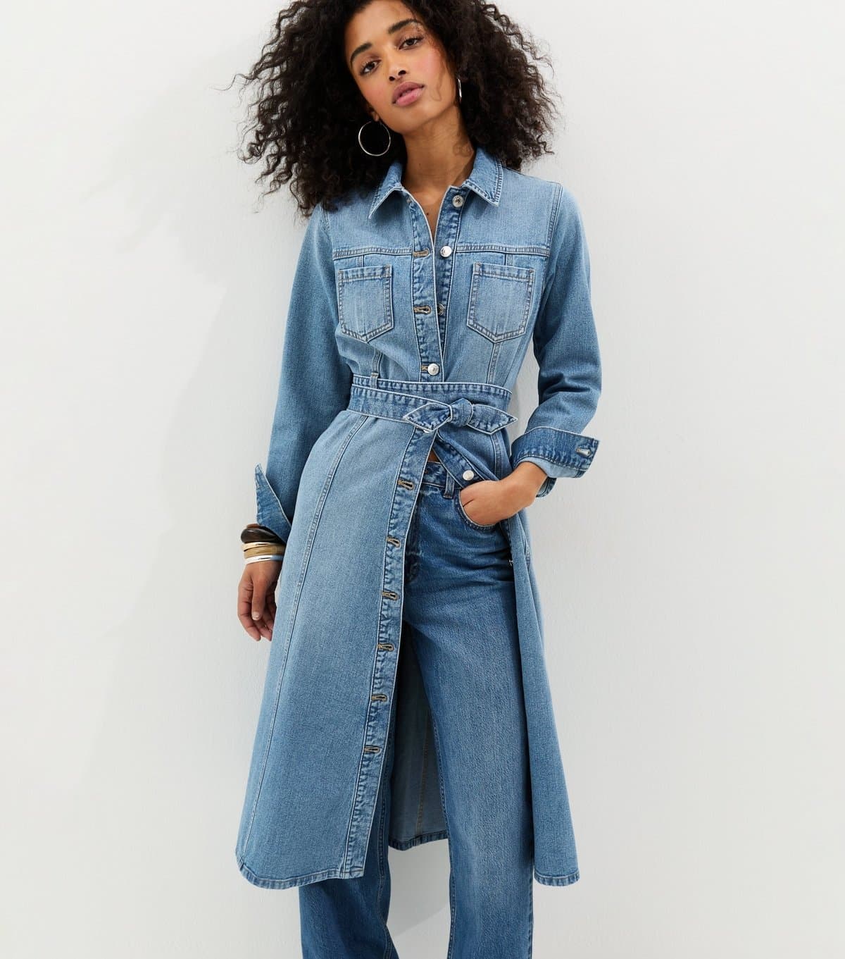 New Look Women's Light Blue Denim Long Sleeve Shirt Midi Dress New Look