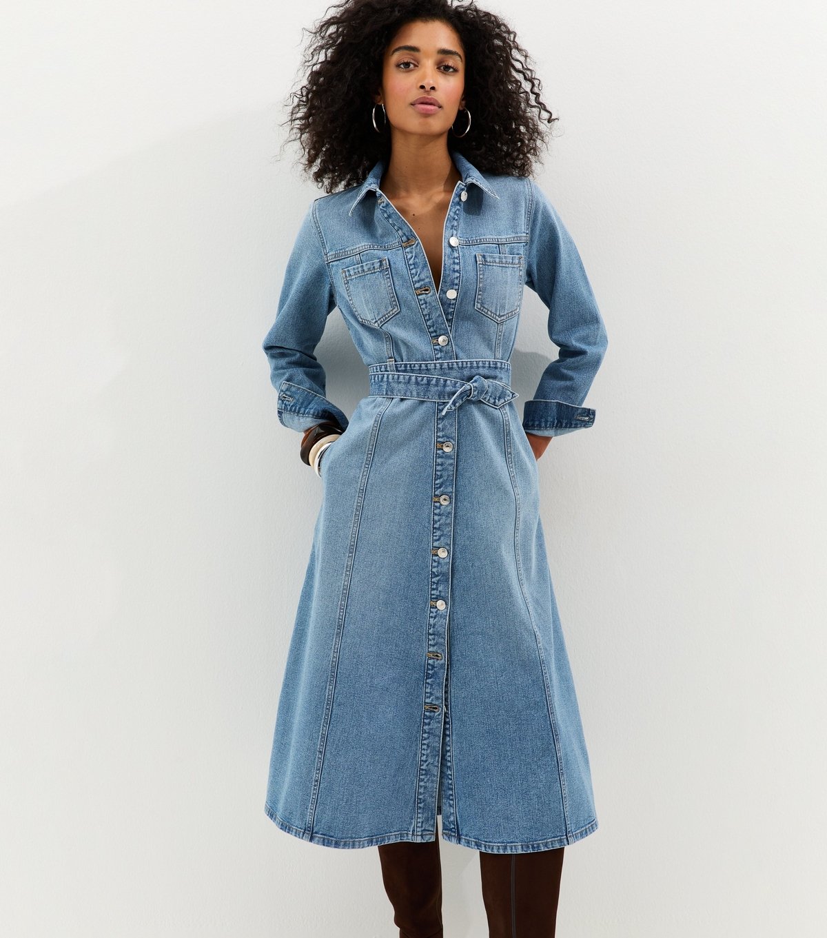 New Look Women's Light Blue Denim Long Sleeve Shirt Midi Dress New Look - 2