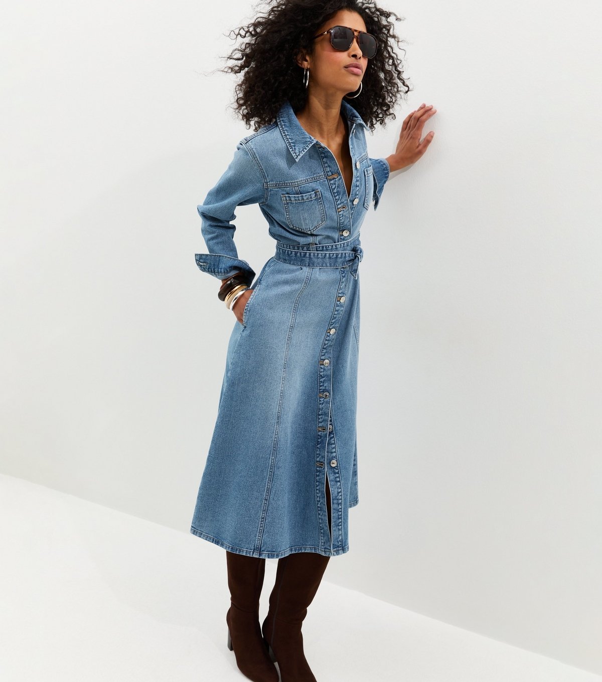 New Look Women's Light Blue Denim Long Sleeve Shirt Midi Dress New Look - 3