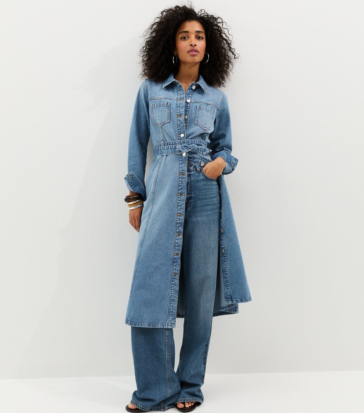 New Look Women's Light Blue Denim Long Sleeve Shirt Midi Dress New Look - 4