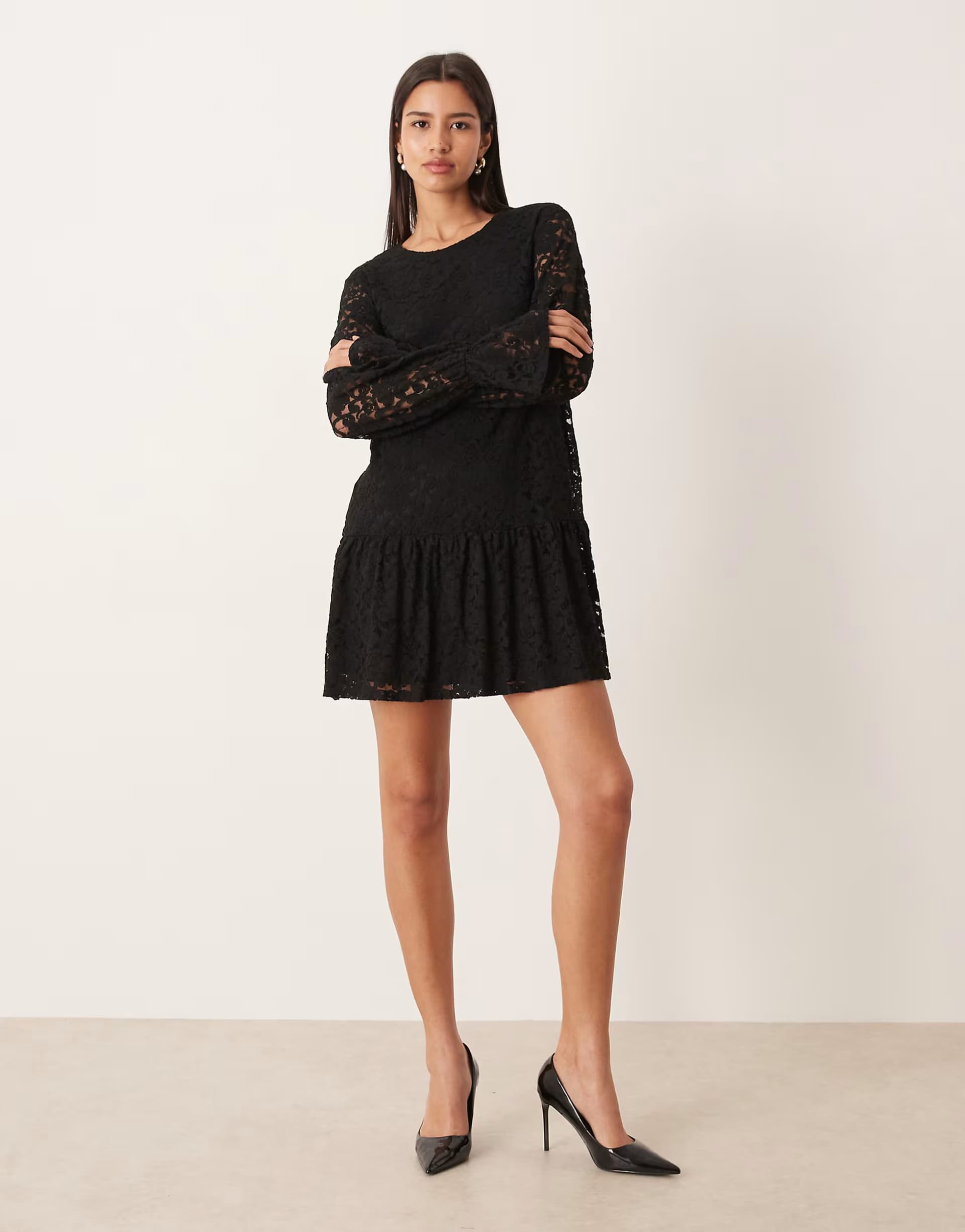 ASOS Gina Tricot long flute sleeve mini lace dress in black