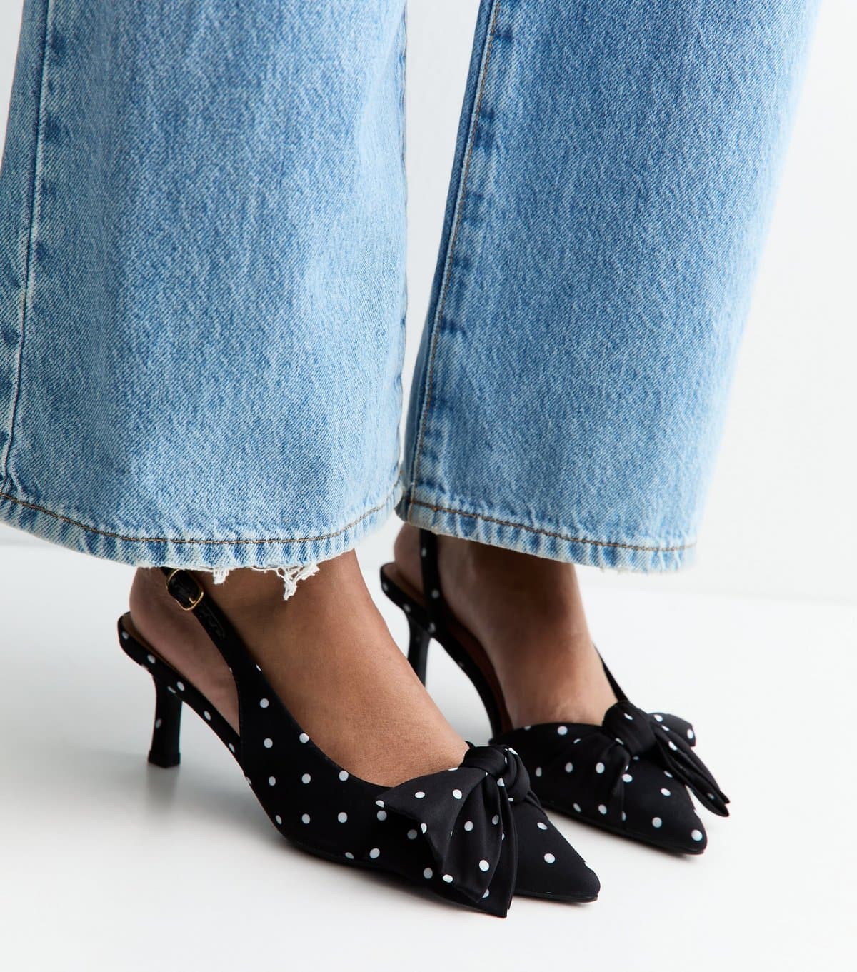 New Look Women's Black Satin Polka Dot Slingback Court Shoes Vegan New Look