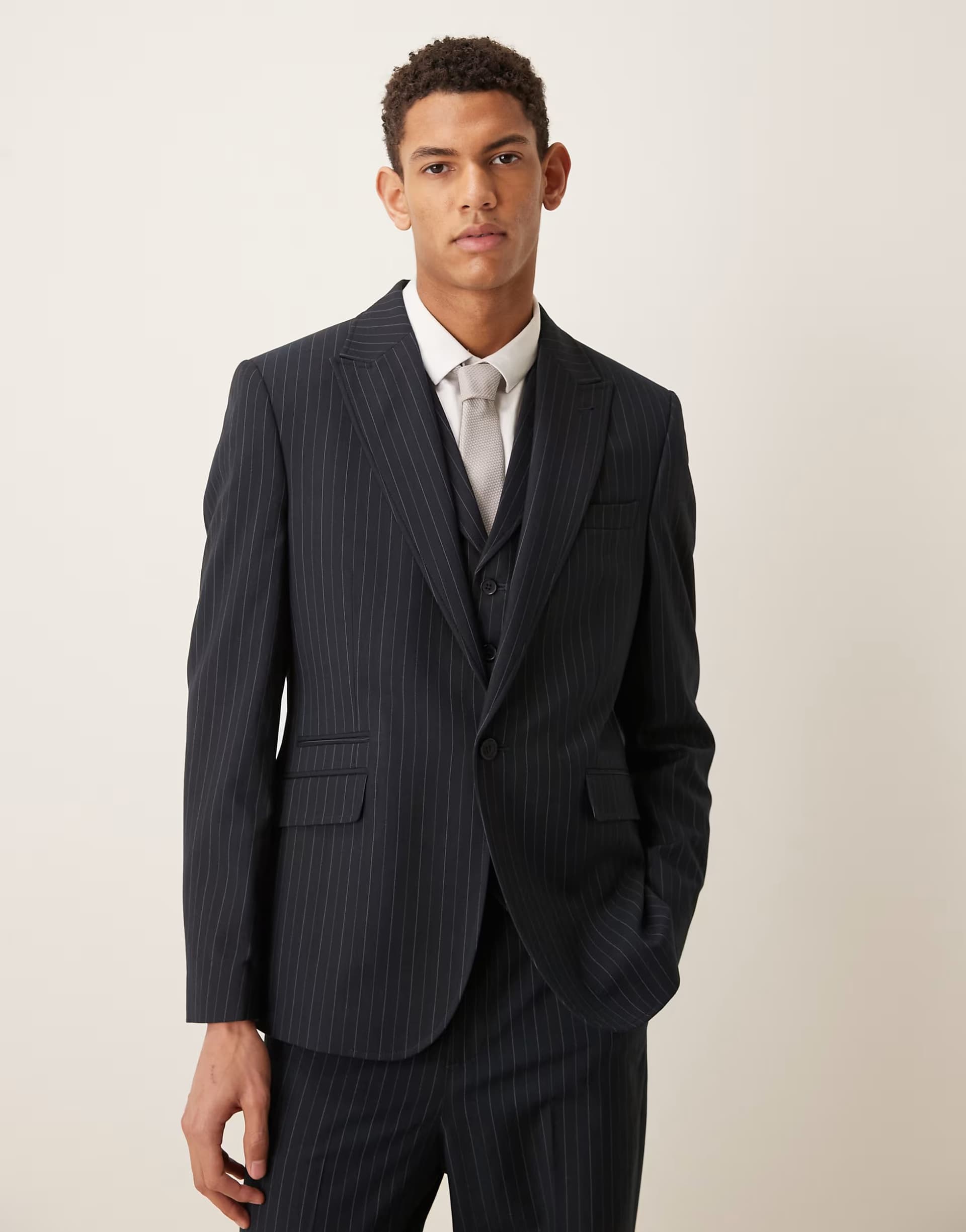 ASOS ASOS DESIGN slim suit jacket in navy pinstripe