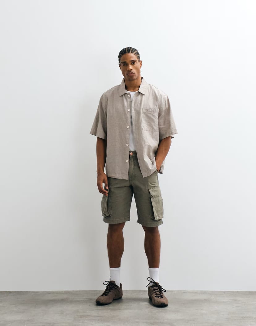 ASOS Cotton On eli linen blend short sleeve shirt in textured black - 1