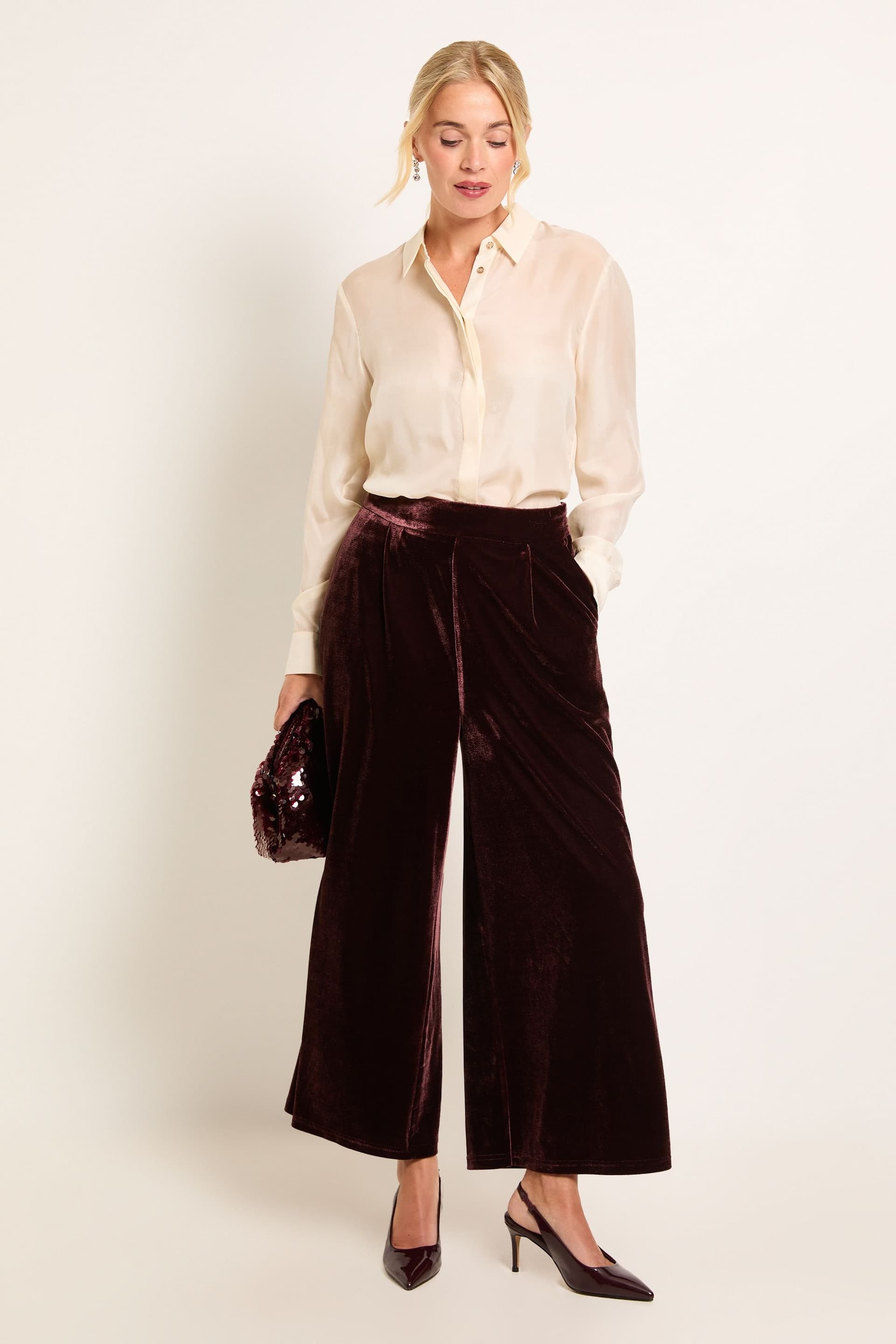 Wallis Wallis Women's Petite Velvet Wide Leg Trouser in Chocolate