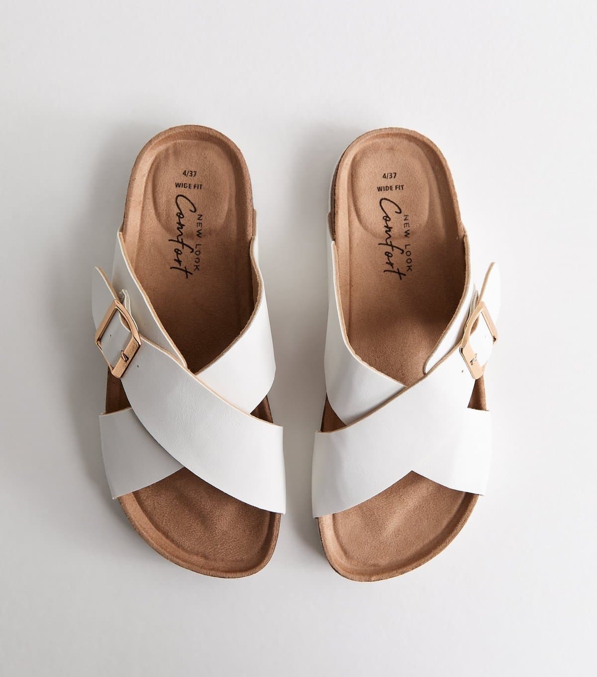 New Look Women's Wide Fit White Faux Leather Cork Sole Sandals Vegan New Look