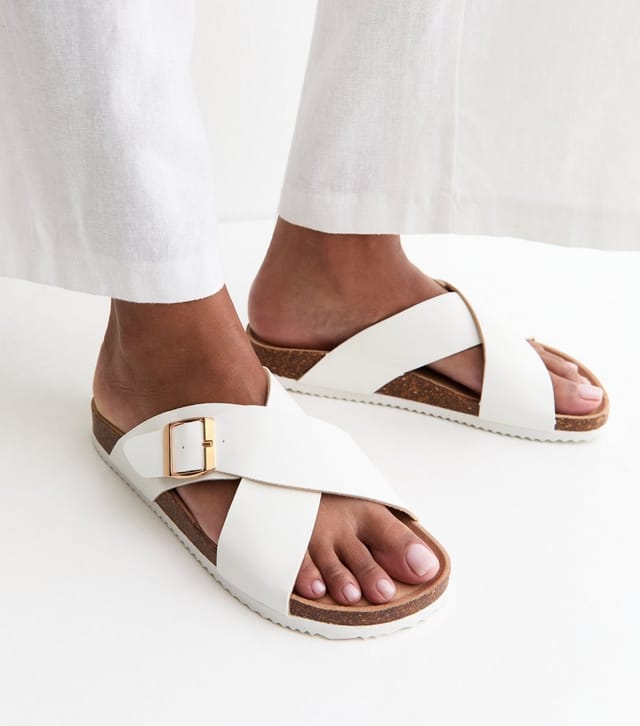 New Look Women's Wide Fit White Faux Leather Cork Sole Sandals Vegan New Look - 2