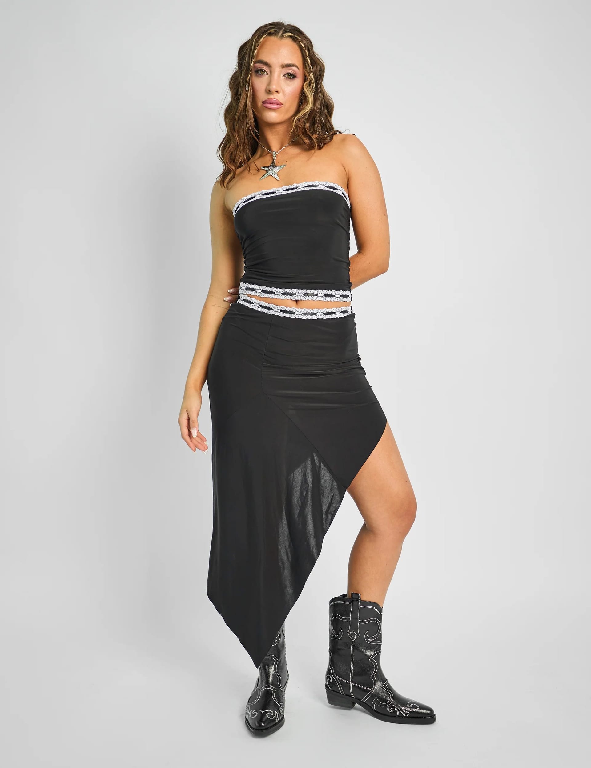Public Desire Black Lace Trim Midi Skirt Co-ord