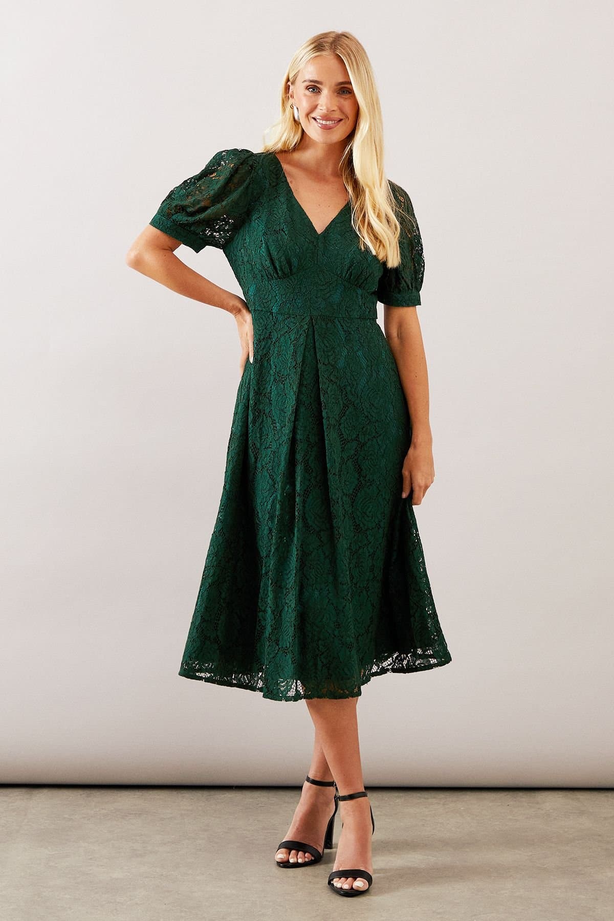 Wallis Wallis Women's Petite Lace V Neck Tea Midi Dress in Green