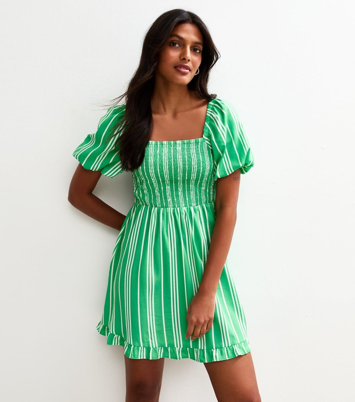 New Look Women's Green Striped Puff Sleeve Mini Dress New Look
