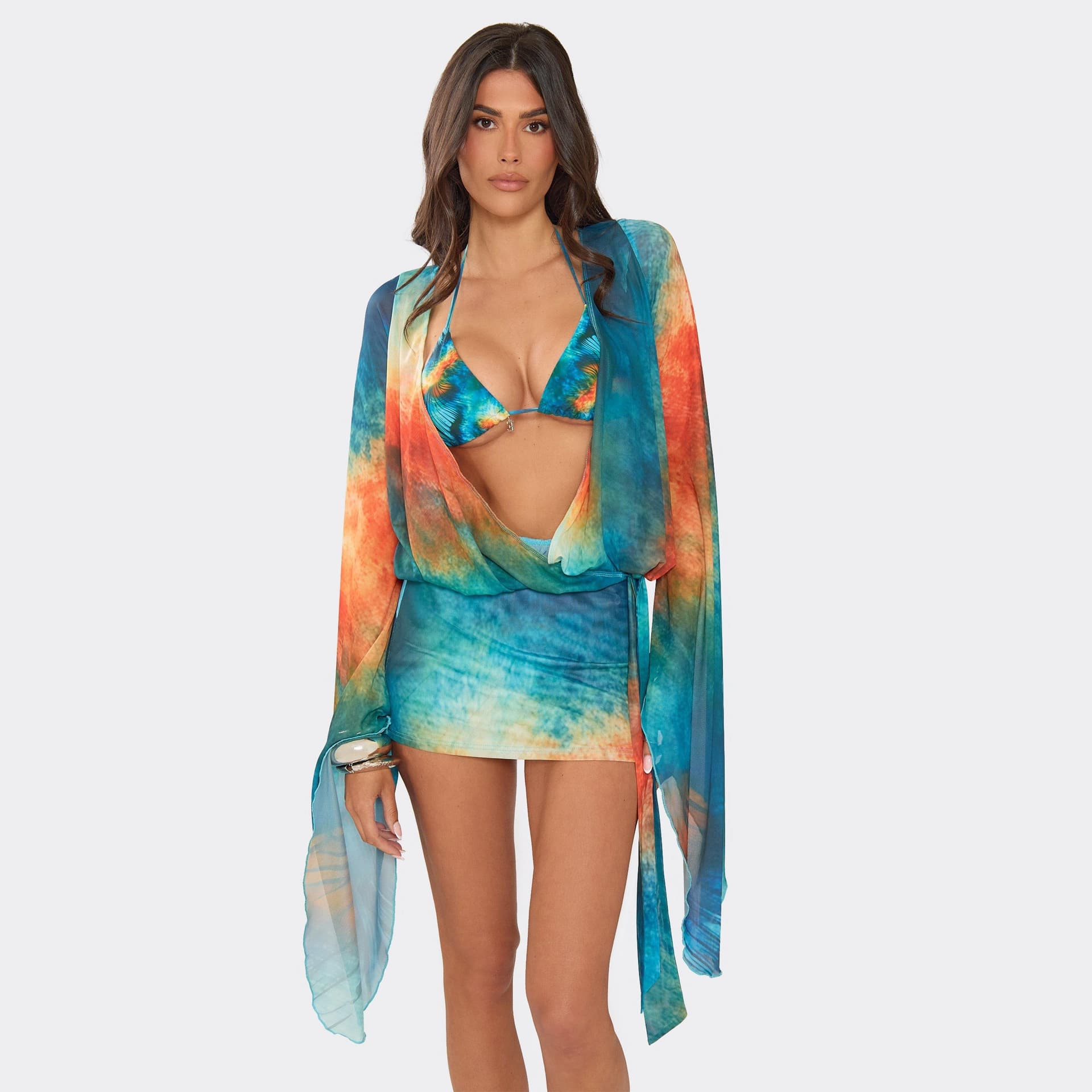 EGO Plunge Cowl Neck Flared Sleeve Open Back Mini Dress In Blue Abstract Print, Women's Size UK 6