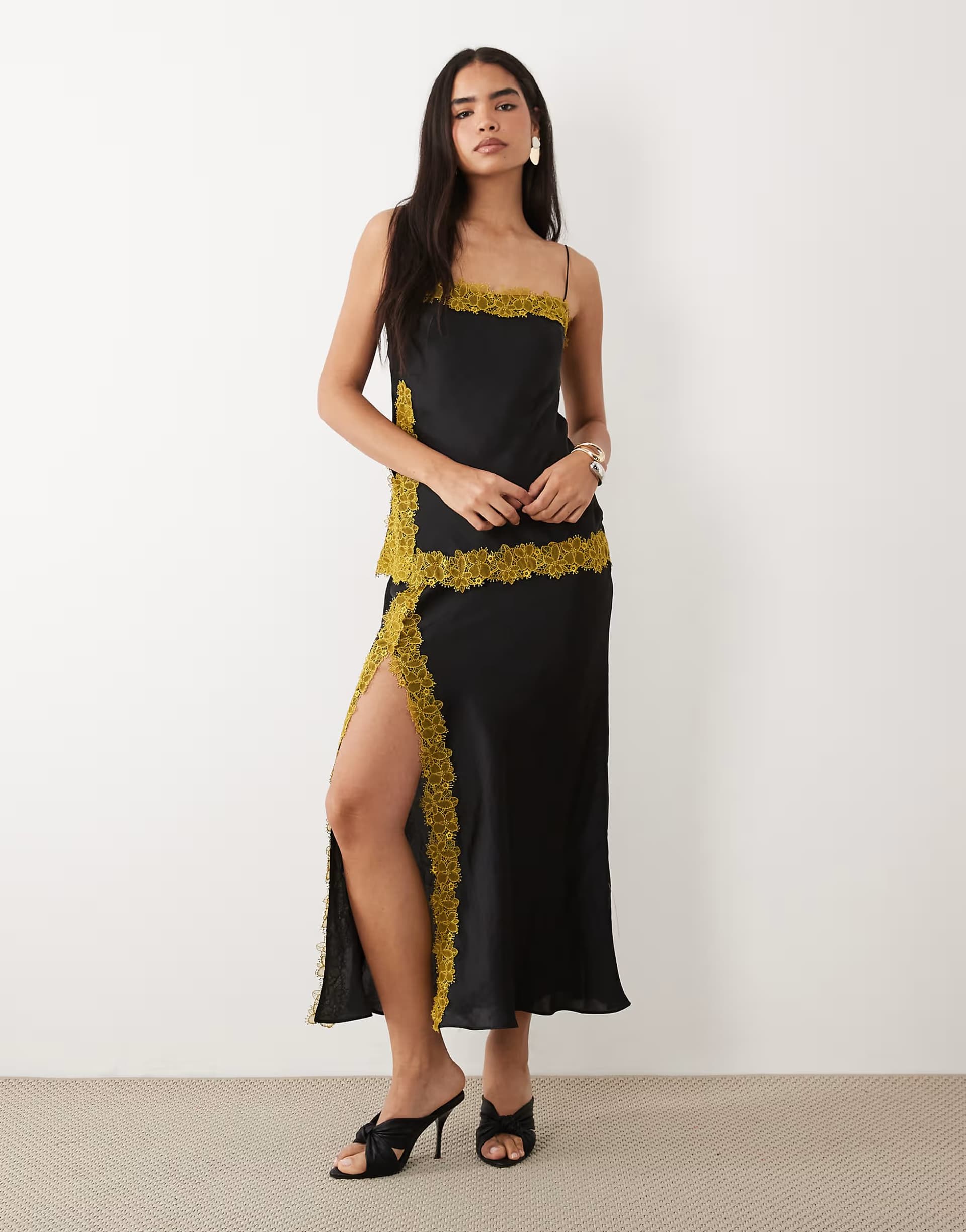 ASOS ASOS DESIGN satin cami bias double layer lace applique maxi dress in black