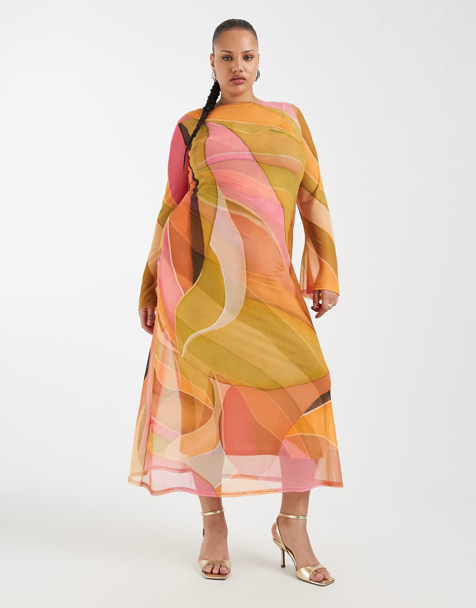 ASOS Never Fully Dressed Plus Aria long sleeved mesh maxi dress in abstract multi print