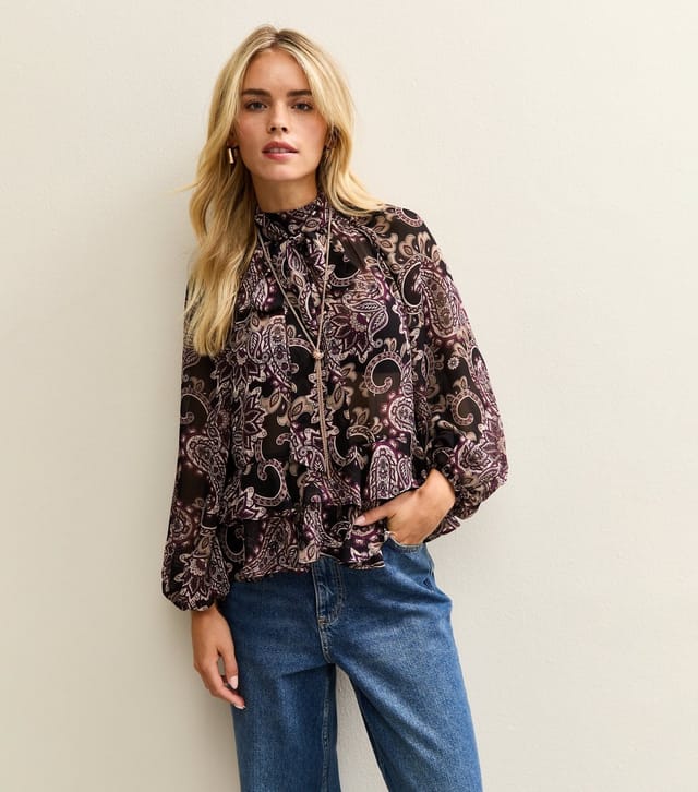 New Look Women's Petite Black Paisley Print High Neck Chiffon Blouse New Look - 2