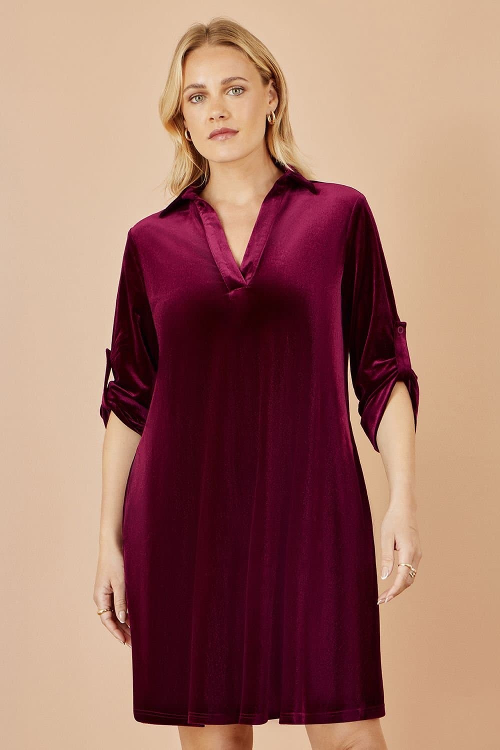 Yumi Yumi Women's Burgundy Velvet Tunic Dress With 3/4 Sleeves