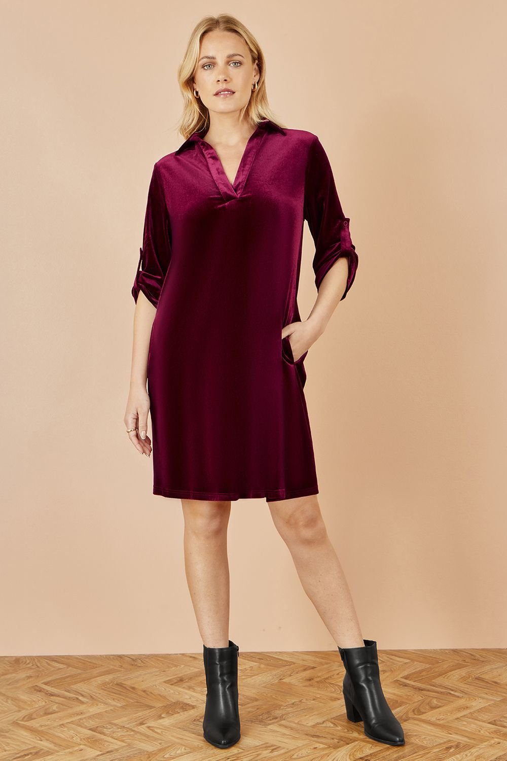 Yumi Yumi Women's Burgundy Velvet Tunic Dress With 3/4 Sleeves - 2